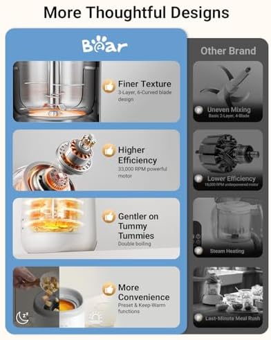 Side view highlighting the compact footprint and dimensions of the Bear NutriEase baby food maker appliance