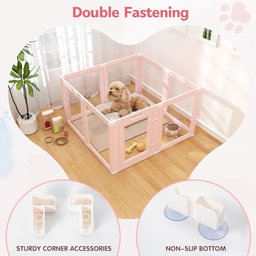 DIY Clear Acrylic Dog Playpen Indoor, Transparent Easy Cleansing Puppy Fence with Suction Cup, Easy-Assemble Indoor Whelping Crate for Small Puppies (23.6" H, 8PCS), Pink - Image 4