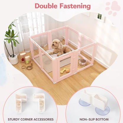 DIY Clear Acrylic Dog Playpen Indoor, Transparent Easy Cleansing Puppy Fence with Suction Cup, Easy-Assemble Indoor Whelping Crate for Small Puppies (23.6" H, 8PCS), Pink - Image 4