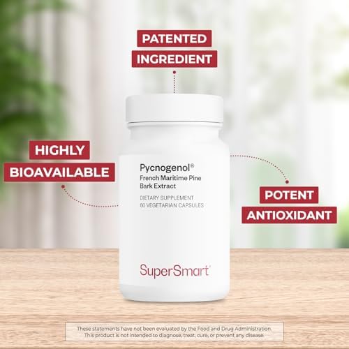 Close up view of Supersmart Pycnogenol capsule packaging and branding details