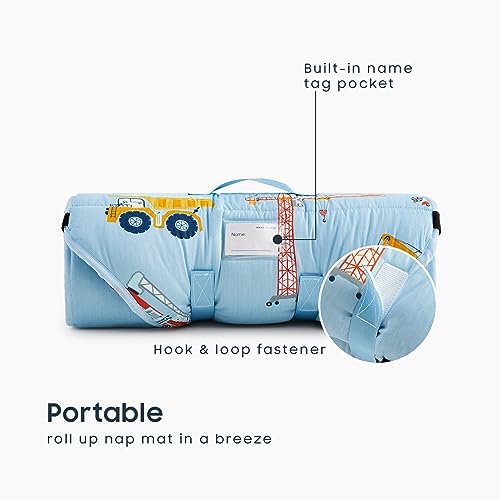 Premium cotton kids daycare mat rolled up tightly with carry handle visible