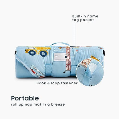 Premium cotton kids daycare mat rolled up tightly with carry handle visible
