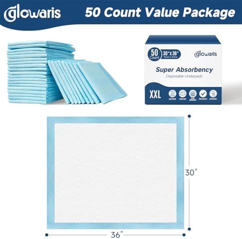 Side view of 50 count Glowaris disposable underpads packaging