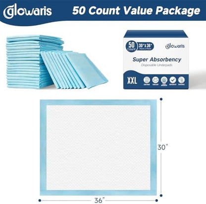 Side view of 50 count Glowaris disposable underpads packaging