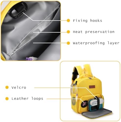 Yellow G-tube backpack side view highlighting the dedicated tubing exit hole