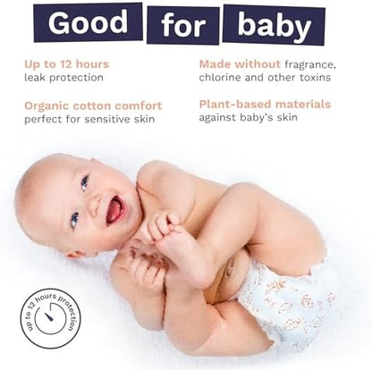 Side profile of Pura sensitive soft sustainable baby nappies highlighting stretchable side tabs