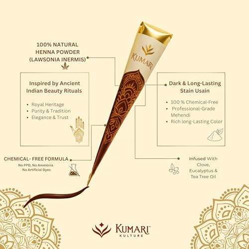 Kumari Kulture Haathkala henna cones infused with tea tree oil and essential oils for hair care.