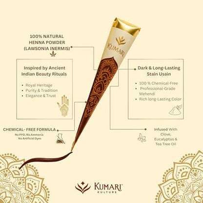 Kumari Kulture Haathkala henna cones infused with tea tree oil and essential oils for hair care.