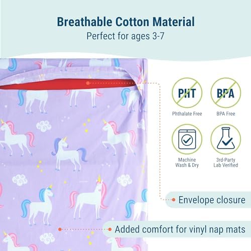 Child resting on Wildkin cotton nap mat cover in daycare setting