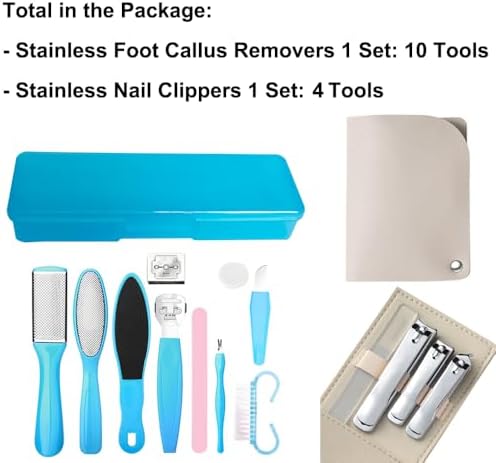 AECW 14-piece blue and silver callus remover and nail clipper tools
