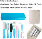 AECW 14-piece blue and silver callus remover and nail clipper tools