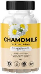 Side angle of Amazing Botanicals Chamomile Extract 10x potency bottle displaying USA origin and manufacturing seals.