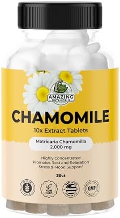 Side angle of Amazing Botanicals Chamomile Extract 10x potency bottle displaying USA origin and manufacturing seals.