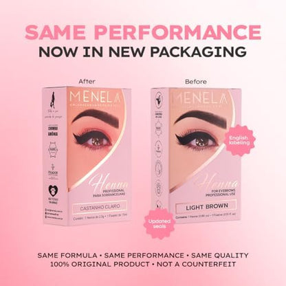 Light brown brow dye application kit with included mixing paddle and bamboo extract formula.