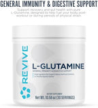 Revive MD L-Glutamine supplement tub showing serving size label
