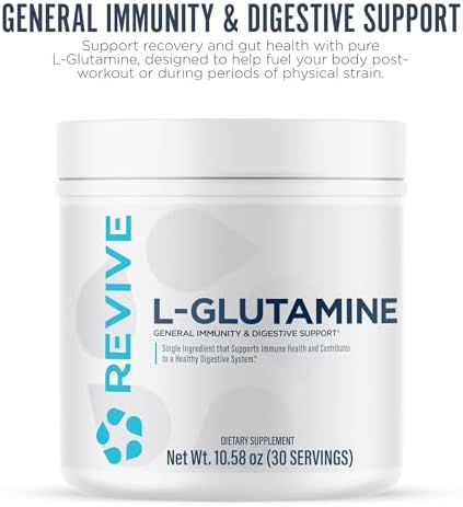 Revive MD L-Glutamine powder label showing serving size and ingredients