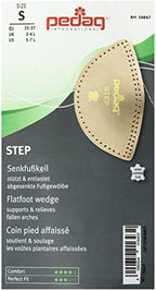 Self-adhesive backing on Pedag Step symmetrical arch pads for secure shoe placement.