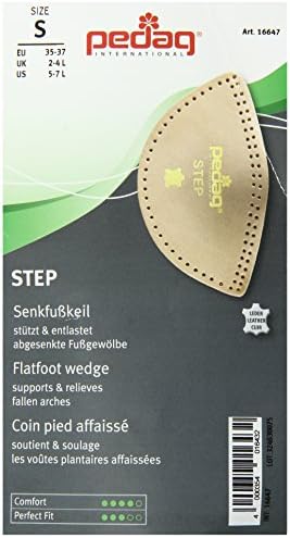 Self-adhesive backing on Pedag Step symmetrical arch pads for secure shoe placement.