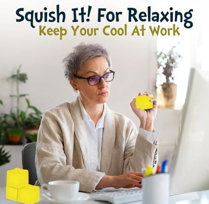 SUPERZON yellow stress cube placed on an office desk setting.