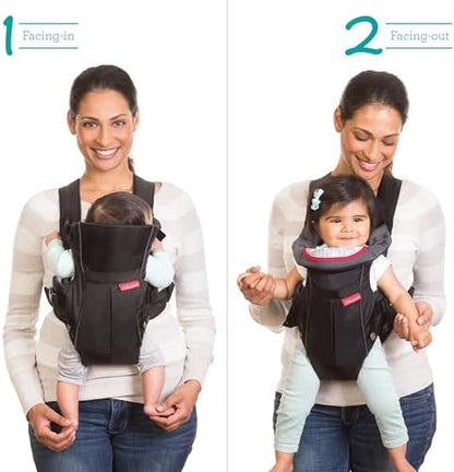 Side profile of the lightweight Infantino Swift baby carrier showing the comfortable padded shoulder straps.