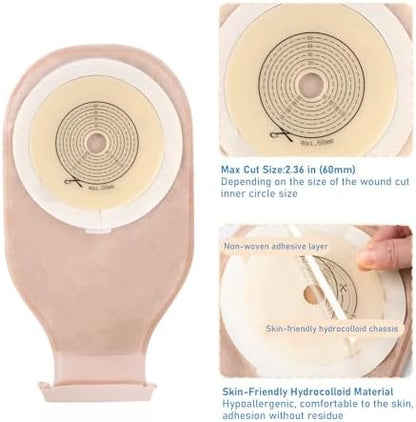 Heagimed ostomy supplies showing the integrated exhaust and deodorising hole on the one piece pouch.