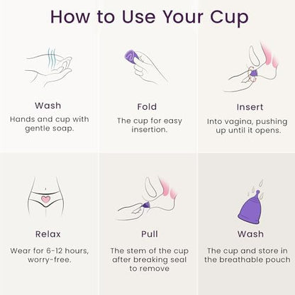 EcoBlossom menstrual cup packaging showing 12 hour leak proof protection details.