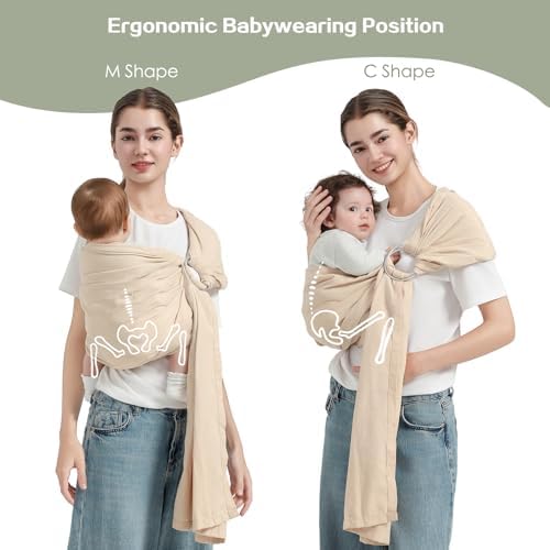 Mother using a lightweight breathable cotton newborn carrier sling