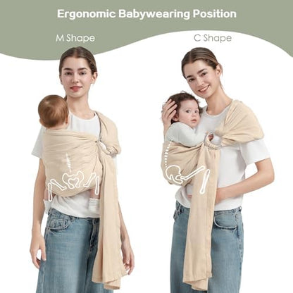Mother using a lightweight breathable cotton newborn carrier sling