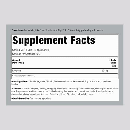 Piping Rock Lycopene dietary supplement label showing non-GMO and gluten-free features