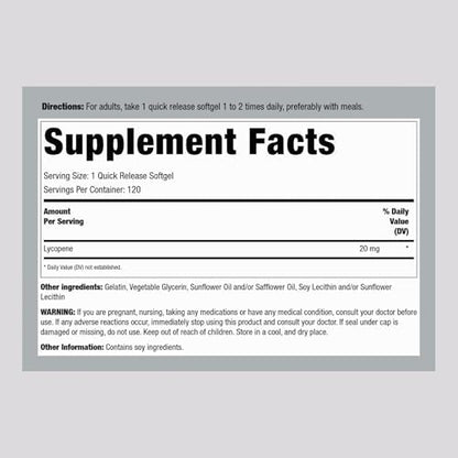 Piping Rock Lycopene dietary supplement label showing non-GMO and gluten-free features