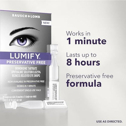 LUMIFY eye drops packaging showing eight hour redness relief claim