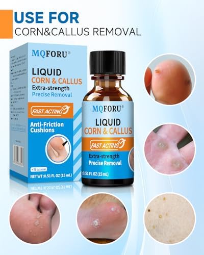 Close up view of the MQFORU liquid corn remover box displaying ingredient specifications and usage warnings