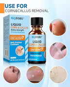Close up view of the MQFORU liquid corn remover box displaying ingredient specifications and usage warnings