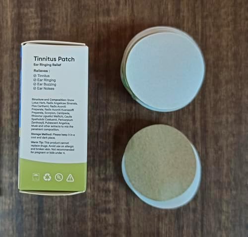 Close up of herbal tinnitus patch showing adhesive backing and circular shape.