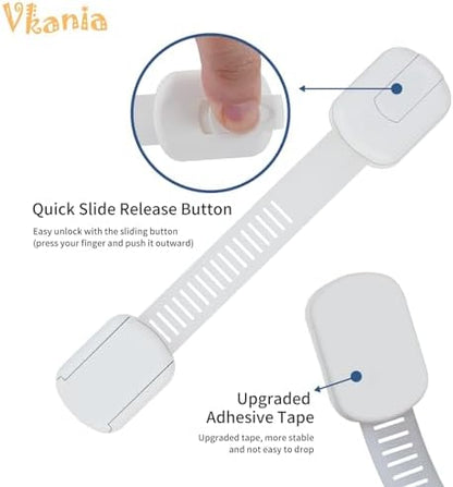 Twelve pack child safety cabinet locks by Vkania laid out flat showing the flexible TPE straps and durable ABS plastic pieces