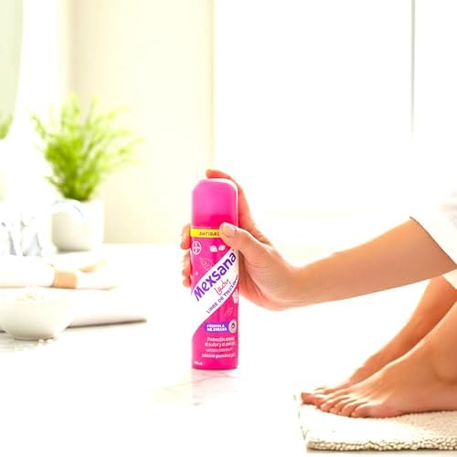 Pink and white aerosol can of Mexsana foot spray for women.