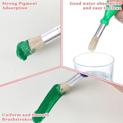 Four pieces of chubby paint brushes for kids in yellow green blue and red colors.