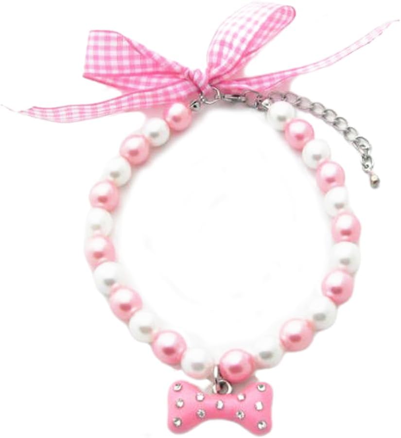 PetFavorites premium pet costume necklace with handmade pearls close up details.