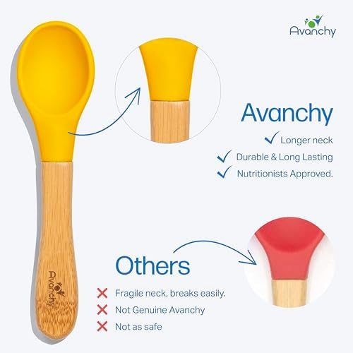 Soft blue silicone tip of the Avanchy baby led weaning spoon showing the deep scoop.