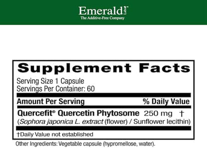 Emerald Labs Quercetin Complex supplement facts label highlighting 250 mg Quercefit dosage.