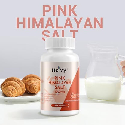 Heivy pink salt hydration tablets showing the full year supply three hundred sixty five count badge clearly.