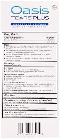 Side panel of Oasis TEARS PLUS box detailing ingredients and manufacturer information.