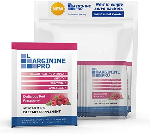 L-Arginine Pro 30 count travel packets box packaging showing supplement details.