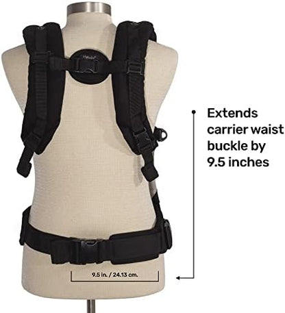 Lillebaby waist extension belt in black showing the secure plastic buckle attachment