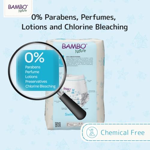 Ocean inspired print pattern detail on Bambo Nature waterproof toddler swimming swimsuit diapers