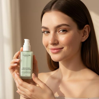 Close up shot of the lightweight fluid texture showing the light green tint of the daily defense skincare shield.