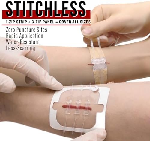 Stitchless wound zipper kit with sterile gauze and prep pads for first aid