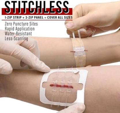 Stitchless wound zipper kit with sterile gauze and prep pads for first aid