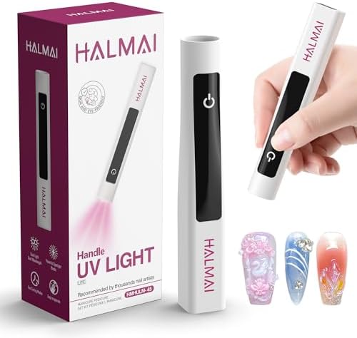 Halmai portable LED nail dryer pen showing curing light