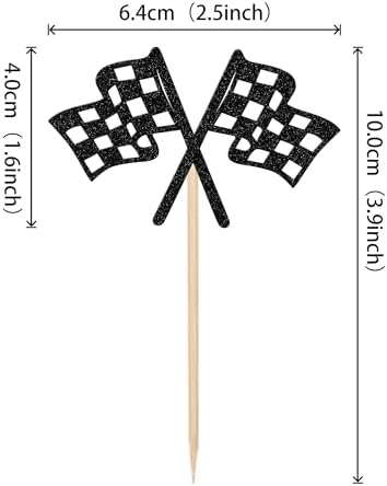 Close up of black glitter race car cupcake pick on a frosted dessert
